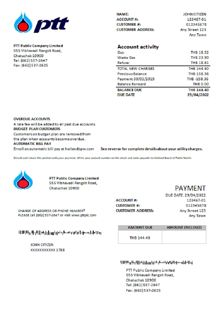 Thailand PTT gas utility bill template in Word and PDF format